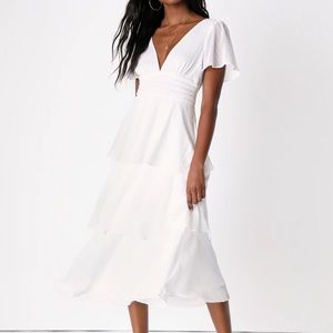 Lulus White Clip Dot Tiered Midi Dress
